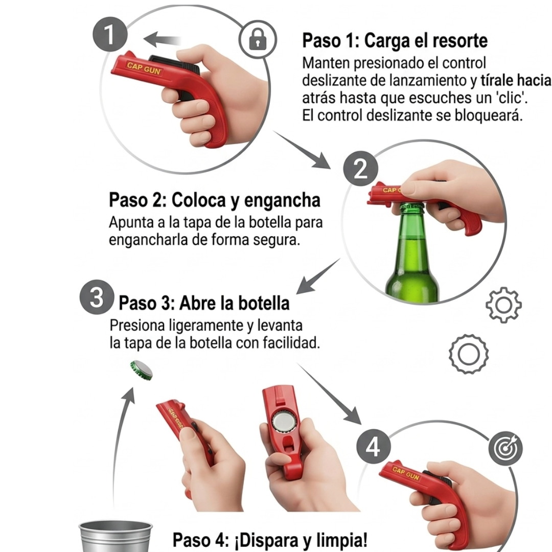Abre botellas lanzador de chapas